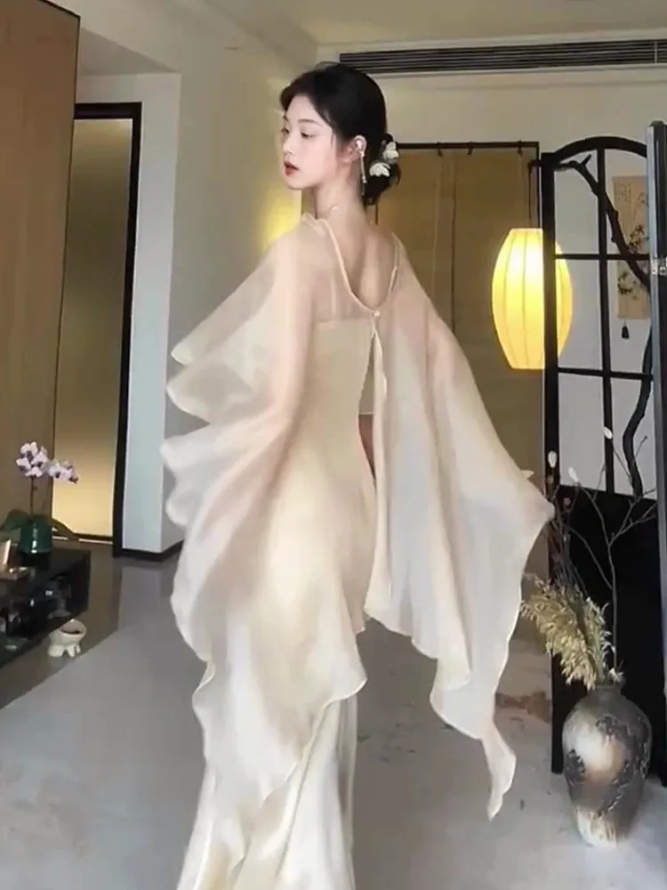New Chinese Style Women's Summer Ice Silk Chiffon Sun Protection Clothing with Strap Vest Top And Skirt Outer Shawl Cover up