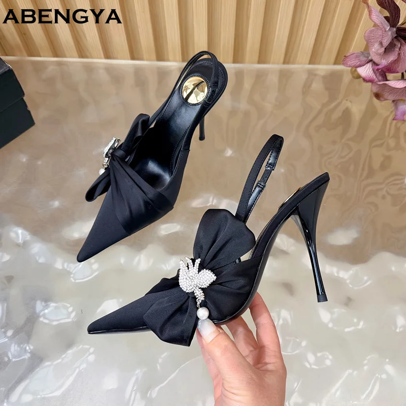2026 Hot Sale Silk High Heel Shoes Women Pointy Toe Crystal Bowknot Slingback Mules Dress Shoes Summer Party Prom Shoes Woman