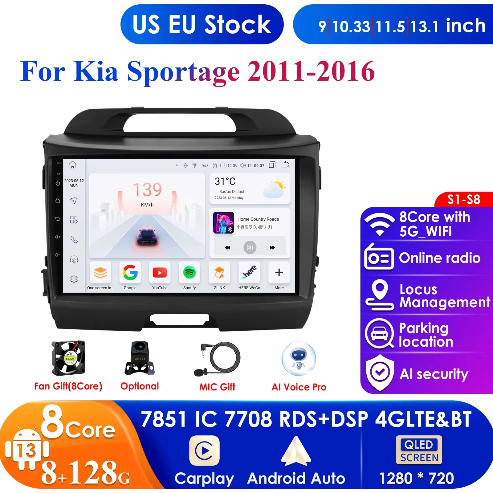 

Hizpo AI For KIA Sportage 2010 2011 2012 2013 2014 2015 2016 2Din Car Android Radio Multimedia Player 2 Din Autoradio Video GPS