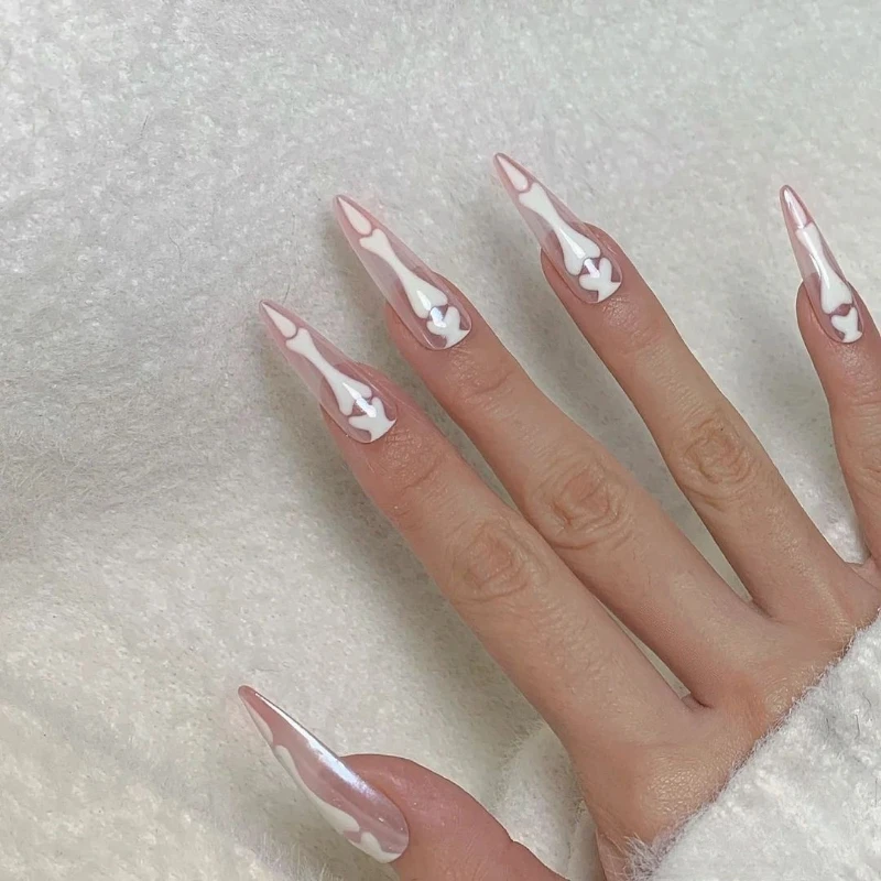 10Pcs original Handmade Halloween y2k Finger bones Almond press on Hand drawn fake nails Pink black gradient press on nails