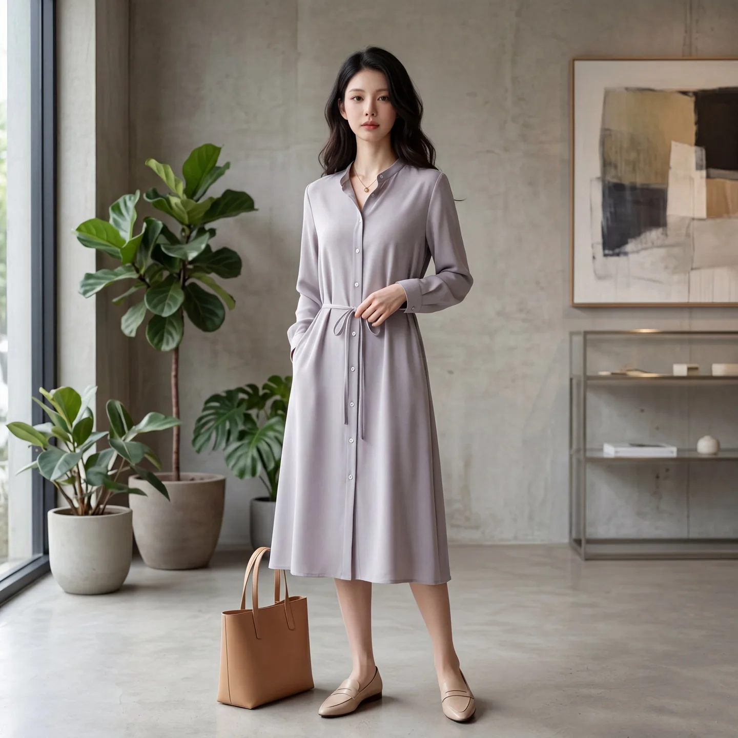 30 Momme 100% Heavy Crepe Mulberry Silk Dress Women Plus Size Midi Shirt Dress Fashion Simple Tie Waist