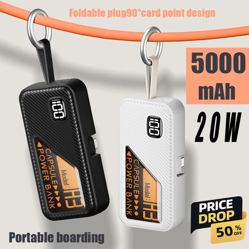 Per iPhone Samsung Xiaomi Huawei Portachiavi Display digitale Power Bank portatile Batteria esterna da 5000 mAh Caricatore cavo integrato
