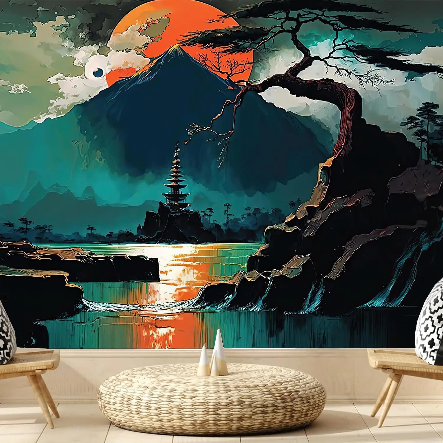 

Anime Mountain Sunset Tapestry – Misty Forest, Lake & Clouds Wall Art for Living Room, Dorm or Office Decor