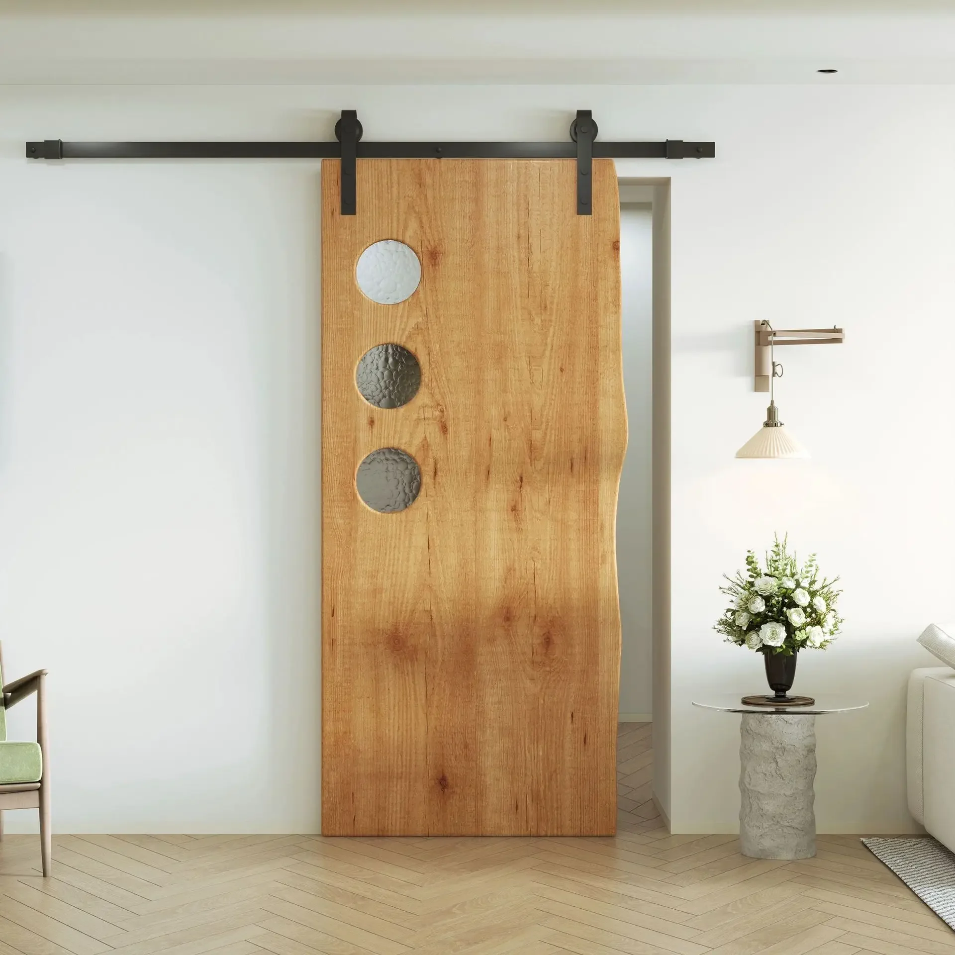 American retro solid wood barn door sliding invisible kitchen door hanging rail bathroom