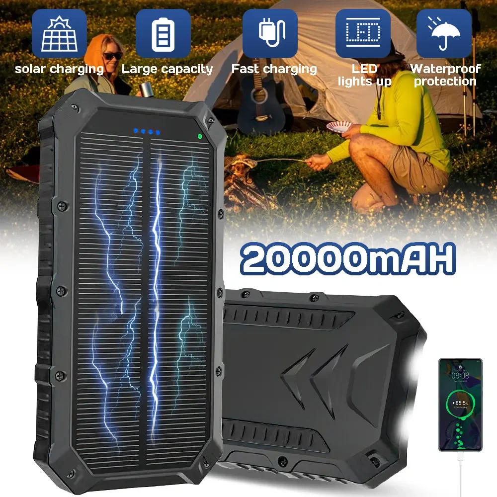 20000mAh Solar Power Bank Portable Charging Power Bank External Battery Charger with Strong Light Double Led Light for iphone