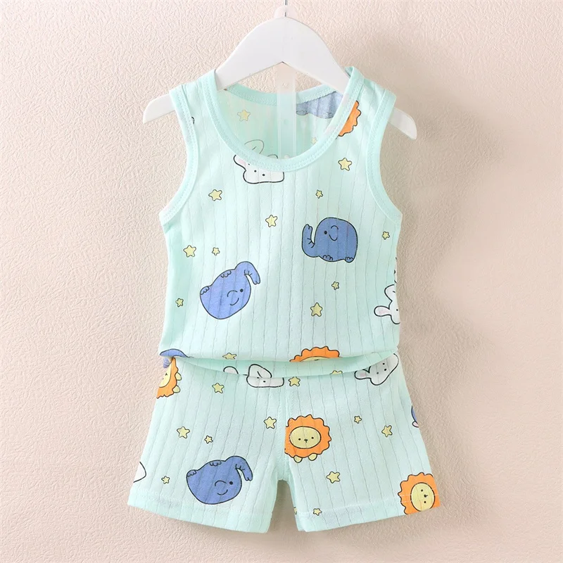 Summer Kids Baby Pajamas Vest+Shorts 2-Piece Clothing Set Boys Girls Cartoon Lion Giraffe Cotton Casual Clothes Suit 0-4 Years