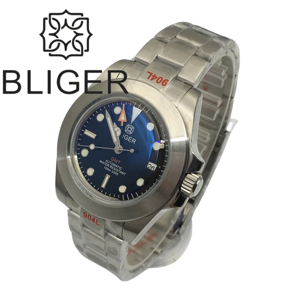 BLIGER 40mm Men Luminous Mechanical Wristwatches Dome glass/AR coating Dome glass  GMT Hand Black Dial