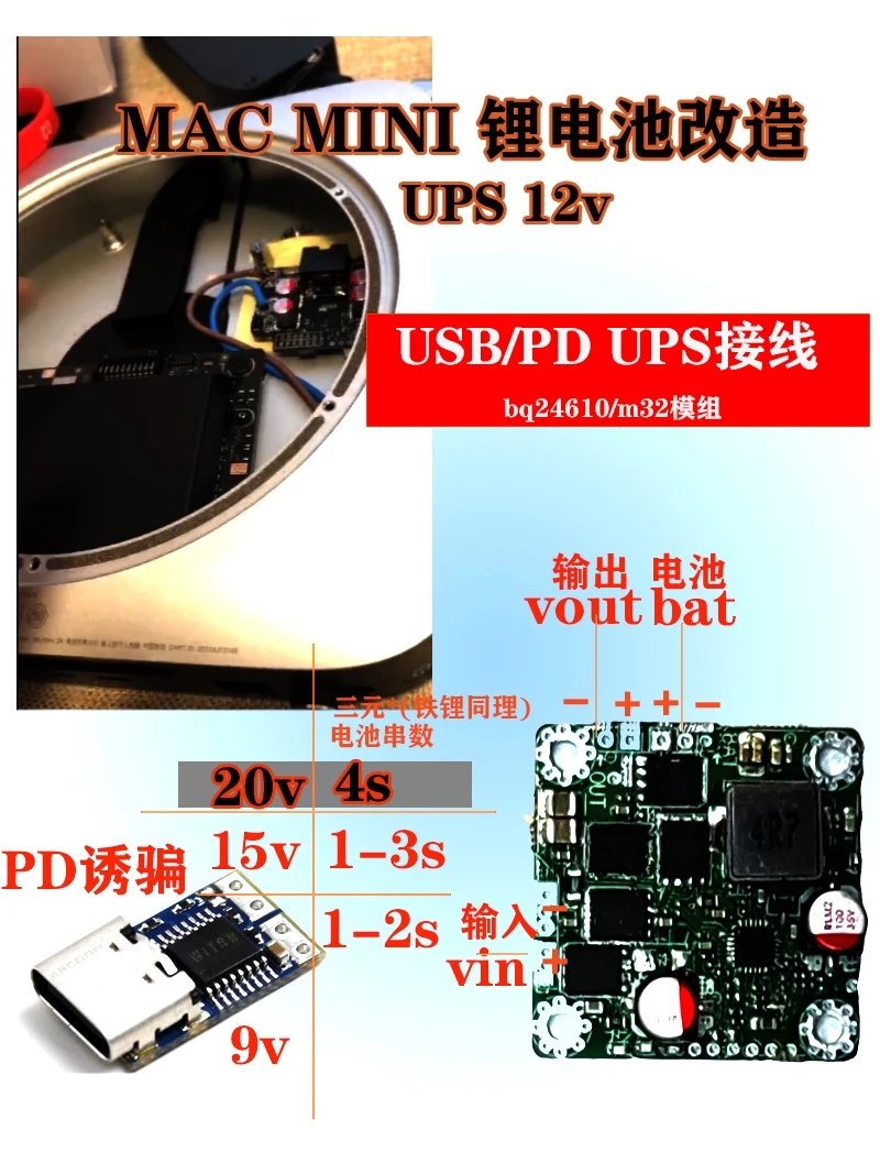 Li-io-n battery UP/S Mac Mini built-in 4 strings remodeling computer diy BQ24610