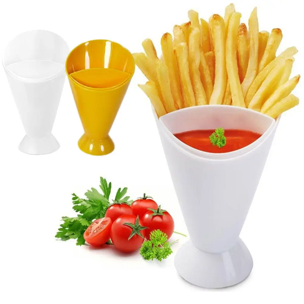 2 In 1 French Fries Cups Plastic Cups Sauces Snacks Dessert Plate Ketchup Slant Cup Two Cup Spout Kitchen Accessories