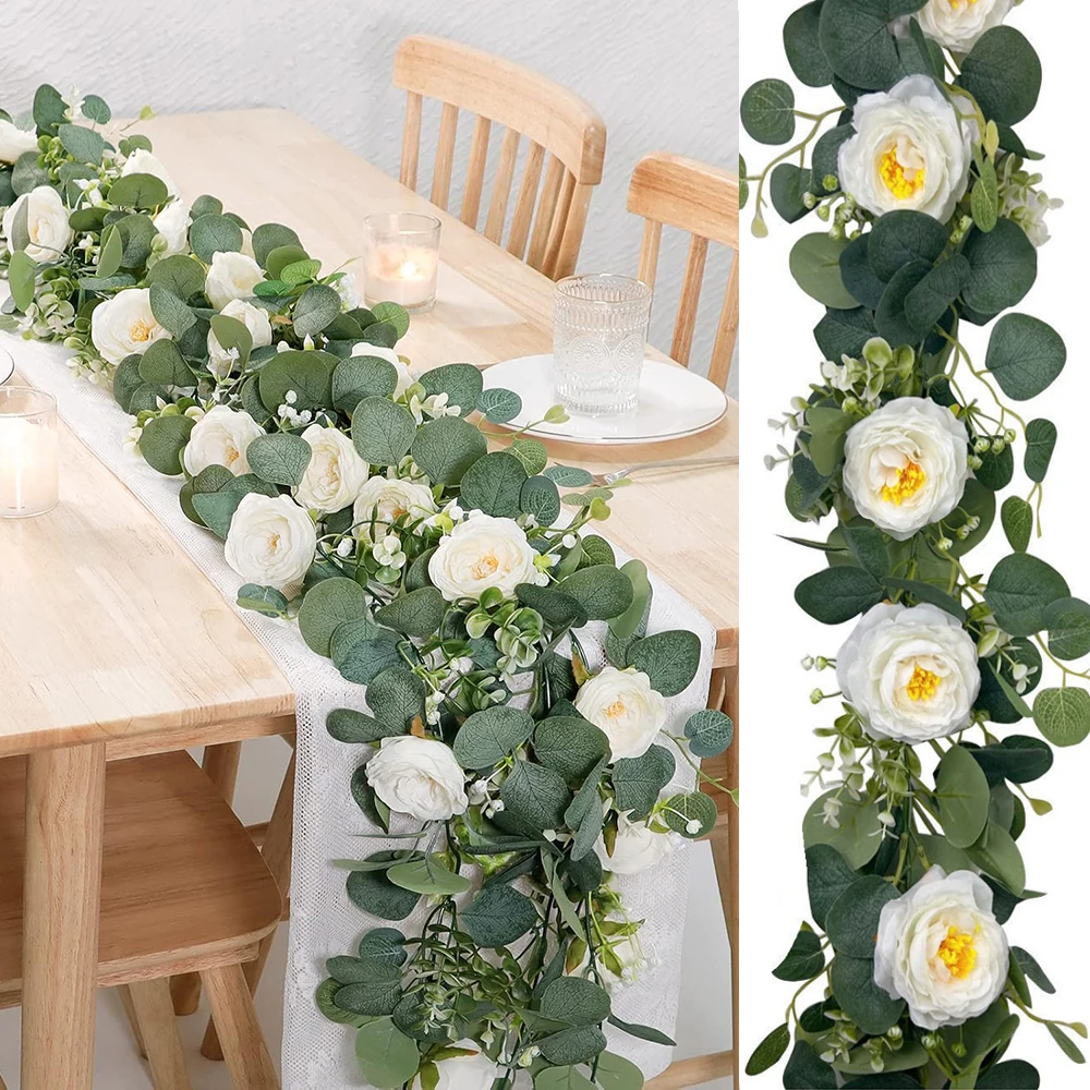 180cm Künstliche Eukalyptus-Girlande mit Weißen Blumen für Heim, Festival, Wanddekoration, Garten, Hochzeit, Hintergrund, Party-Dekor – Detail 2