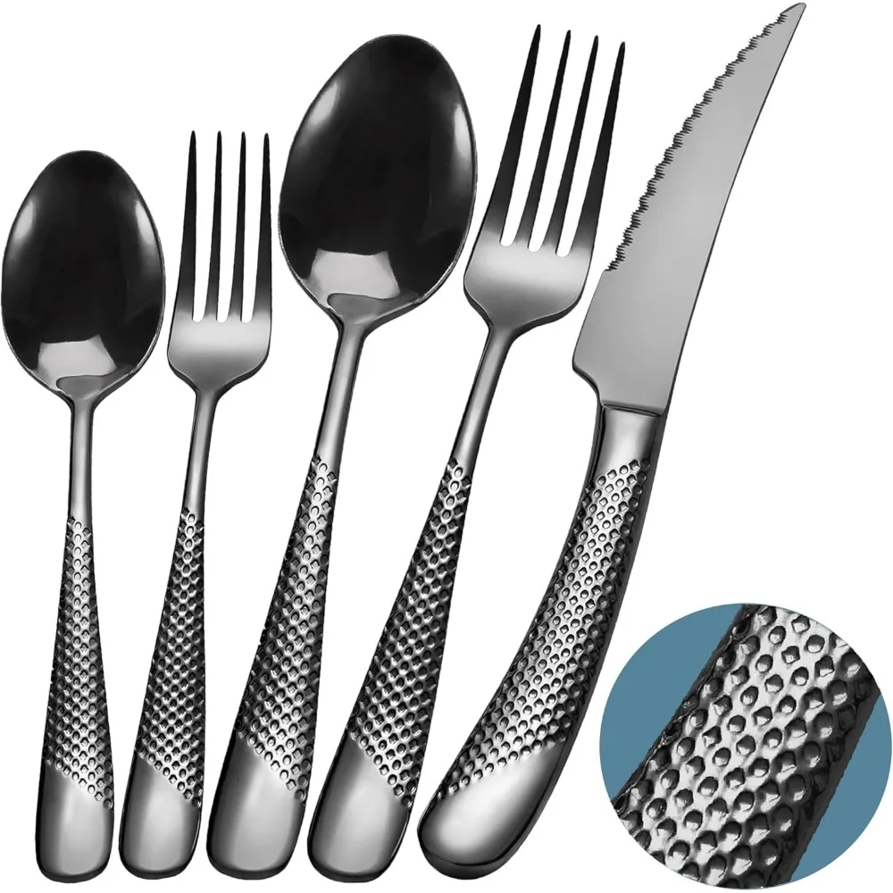 

20-Piece Stainless Steel Flatware Set for 4, Modern Hammered Finish Kitchen Utensils with Fork Spoon Knife