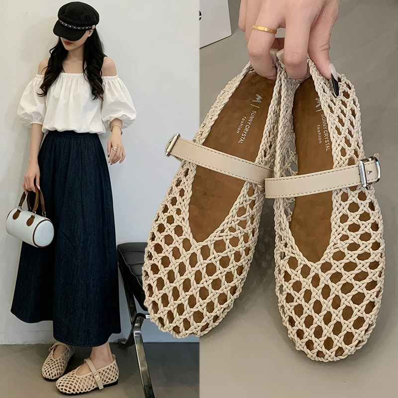 Women Hollow Out Mesh Mary Jane Flats Breathable Cutout Flat Shoes with Buckle Strap Casual Summer Sandals for Women Brown Black