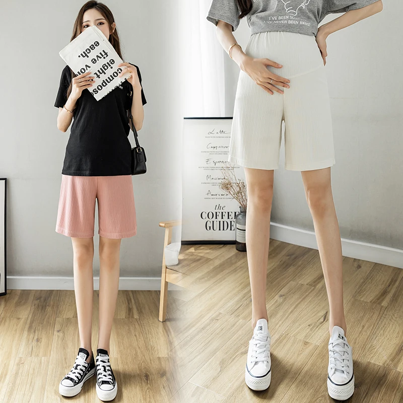 Summer Korean Style Pregnant Woman Ice Silk Shorts Knee-length Adjustable Waist Solid Color Maternity Wide Legs Straight Shorts