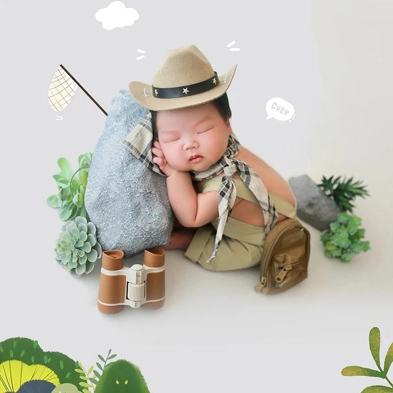 Explorer Style Newborn Photography Clothing Simulation Stone Succulents Photo Props Baby Boy Cowboy Hat Telescope Shooting Props