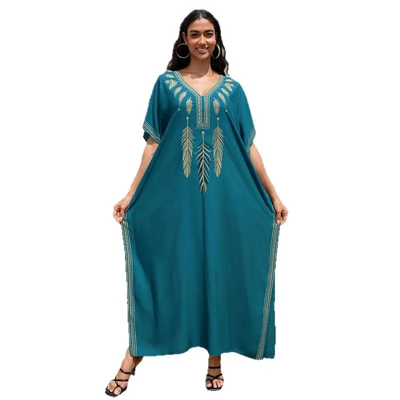 Copricostume bikini Boho ricamato con scollo a V Abito caftano allentato autunno estivo Copricostume da bagno da donna taglie forti