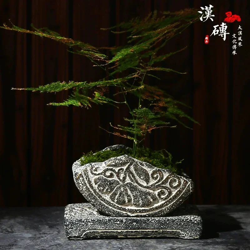 Handmade Carved Stone Bonsai Pot, Chinese Pattern, Traditional Stone, Garden Decoration