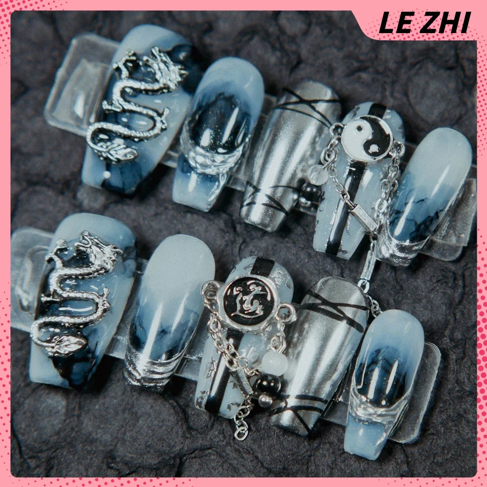 10Pcs Dark Punk Style Handmade Coffin Stiletto Press On Nails Spider Eyes Magic Mirror Powder Diamond Cat Eyes Bowknot Fake Nail