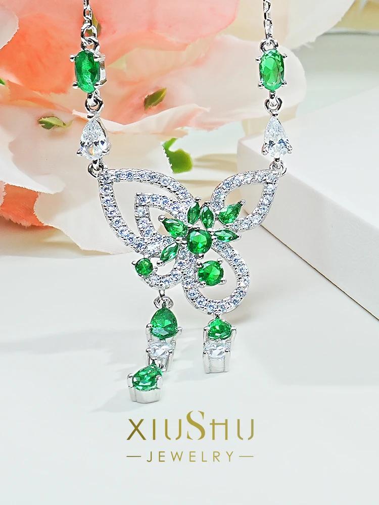 Fashionable Colorful Treasure 925 Sterling Silver Butterfly Pendant Set with High Carbon Diamonds, Retro Design