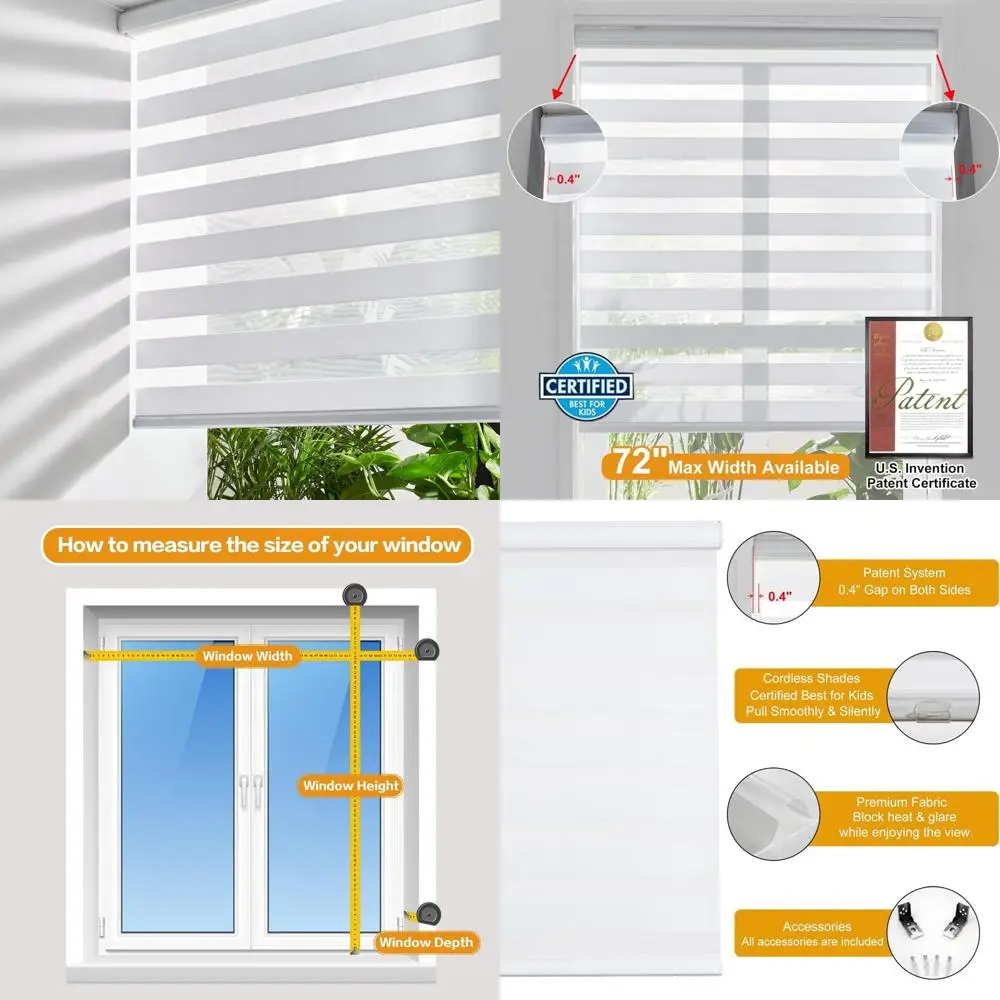 ستائر حمار وحشي لاسلكية للنوافذ، ستائر توقف مجانية لتغميق الغرفة، 26 عريضة × 72 عالية، تحكم في الضوء الأبيض لخصوصية النهار #1