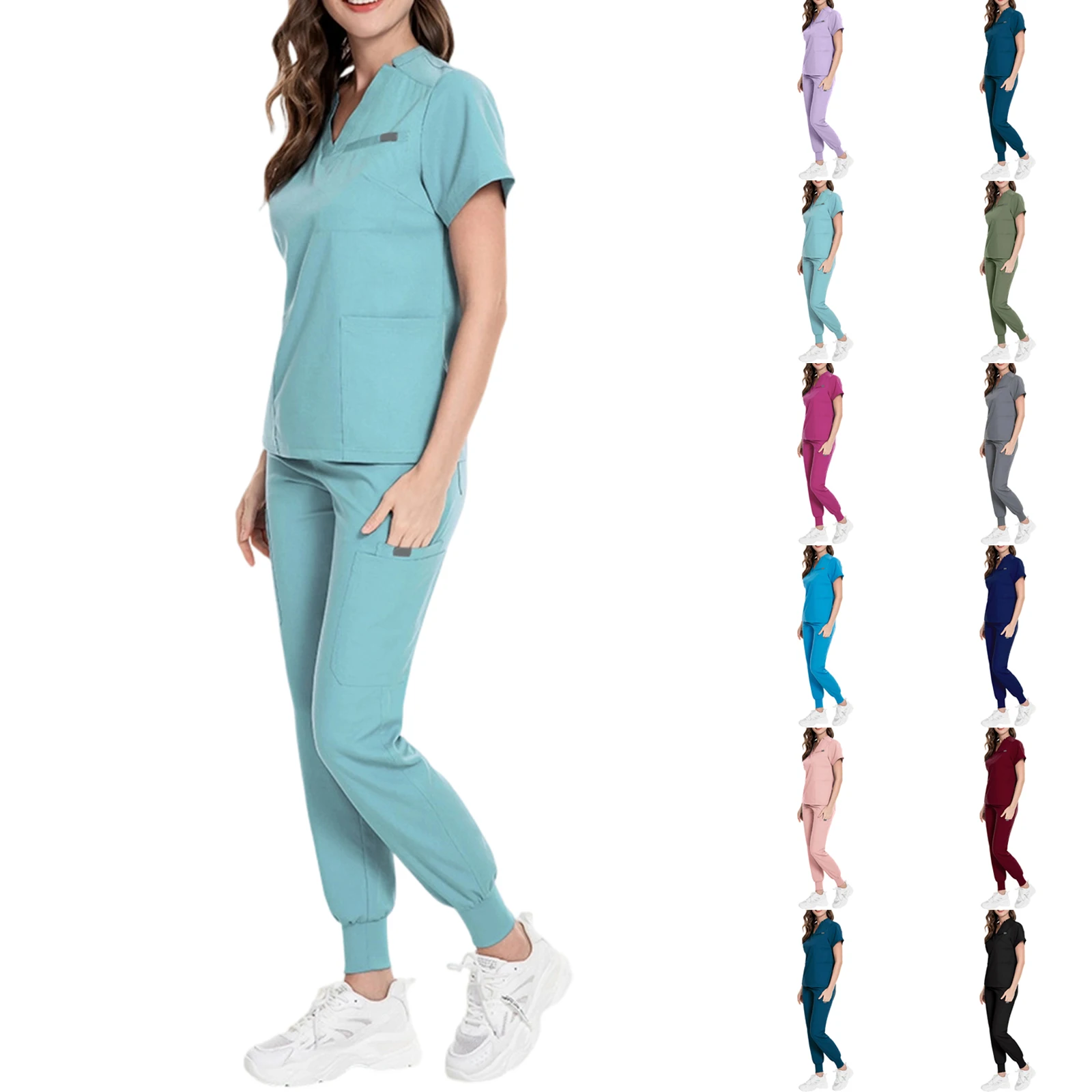 Conjunto de enfermeira feminina com decote em v manga curta multi-cor multi-bolso jogger calças uniforme médico roupas de trabalho de saúde