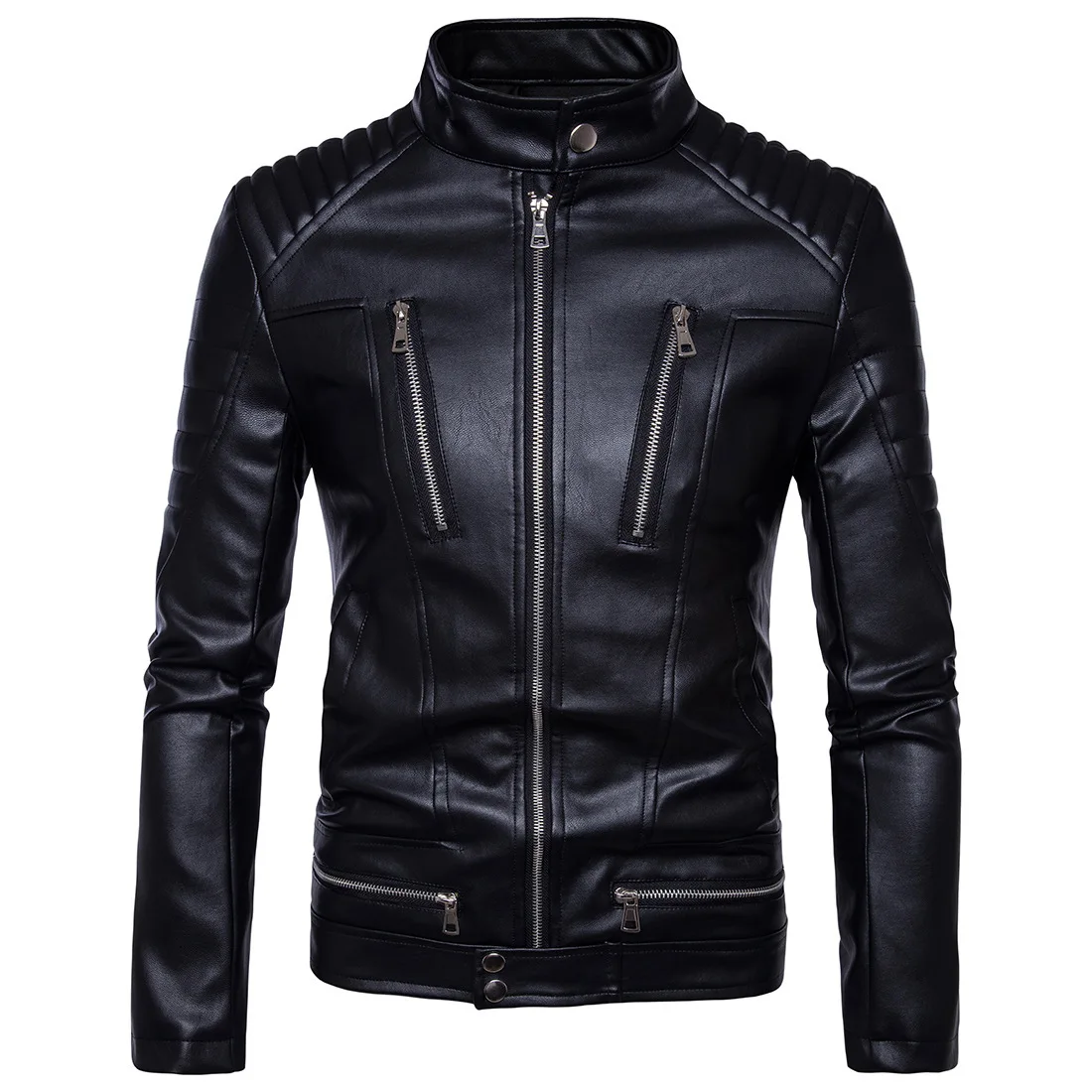 

Men's Autumn/winter Punk Large High Quality Multi Zipper Motorcycle Leather Coat Pu Leather Jacket Rock Stand Neck Coat