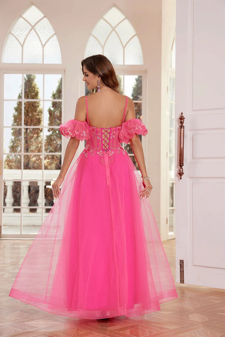 Tulle Beaded Prom Dresses Puffy Sleeves Detachable 2024 Long Sparkly Evening Dresses Lace A Line Ball Gowns Homecoming Dress