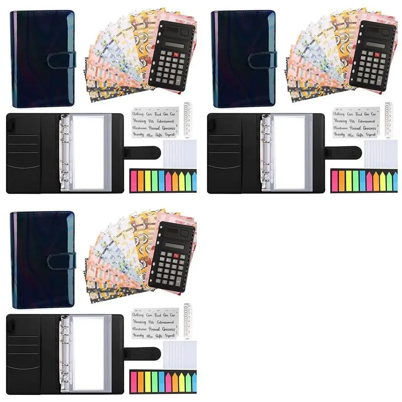 

A86P-3X A6 Budget Binder, With Zipper Envelopes,Calculator And Card,PU Money Saving Organizer