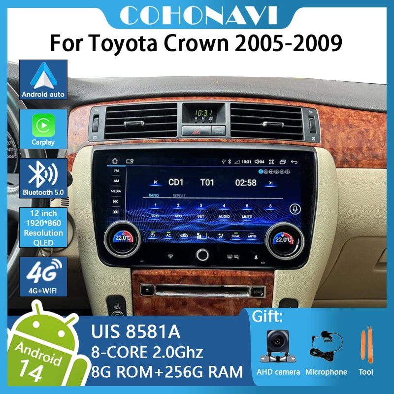 COHO For Toyota Crown 2005-2009 Android 14 4G Car Radio Player Navigation GPS Octa Core RAM 8G ROM 256G Radio Multimedia