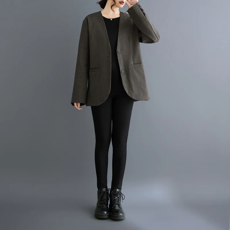 Deep Grey High Quality Woolen Suit Jacket Women's V-Neck Korean Style Commuter Coat Nylon Fabric Long Sleeve  Color