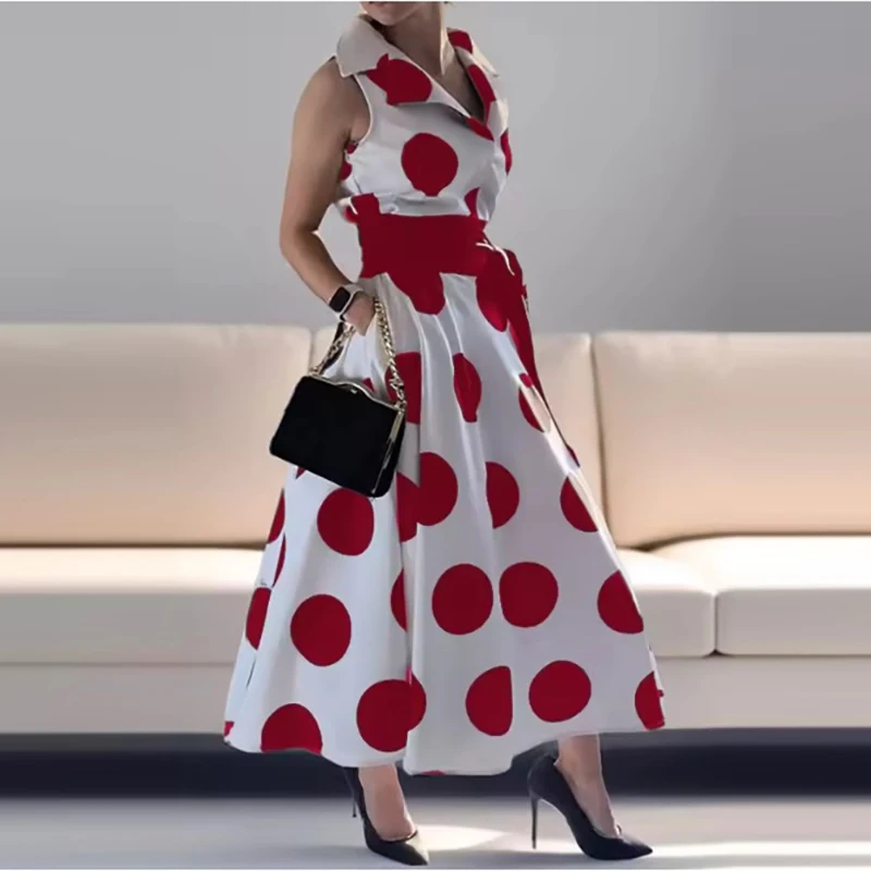 

Elegant Lady Pleated Polka Dot Commute Long Dress Fashion Sleeveless Lapel Pocket Dress Summer New Contrast Printed Swing Dress