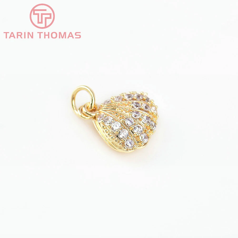 (5815) 6PCS 12.5x12MM 24K Gold Color Brass with Zircon Shell Shape Pendants High Quality DIY Jewelry Making Findings Wholesale