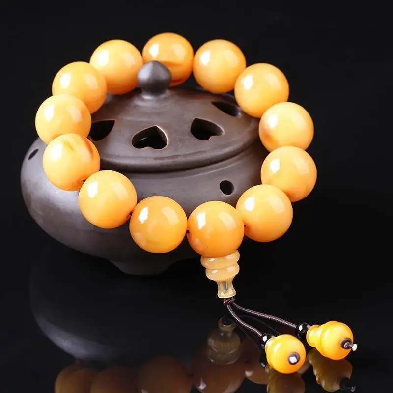 Yak with Golden Yellow Round Beads Gourd Style Unisex Horn Buddha Bead Bracelet