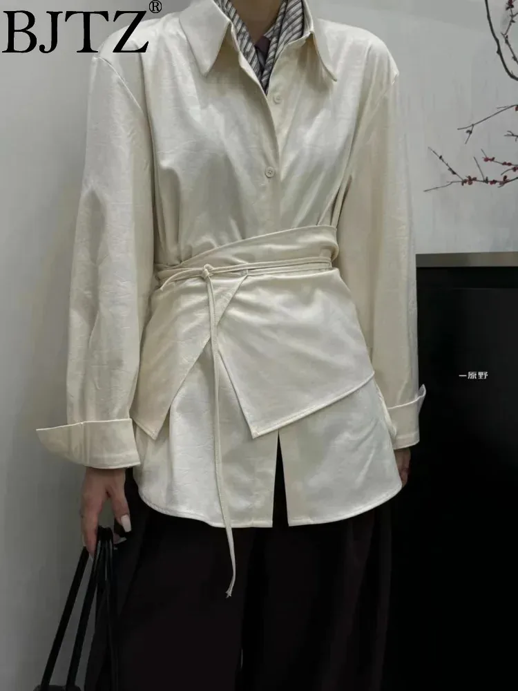 

BJTZ Solid Color Design Sense Single-breasted Leather Long-sleeve Shirt With Waist Sealing Two-piece Set Women 2025 New Fashion