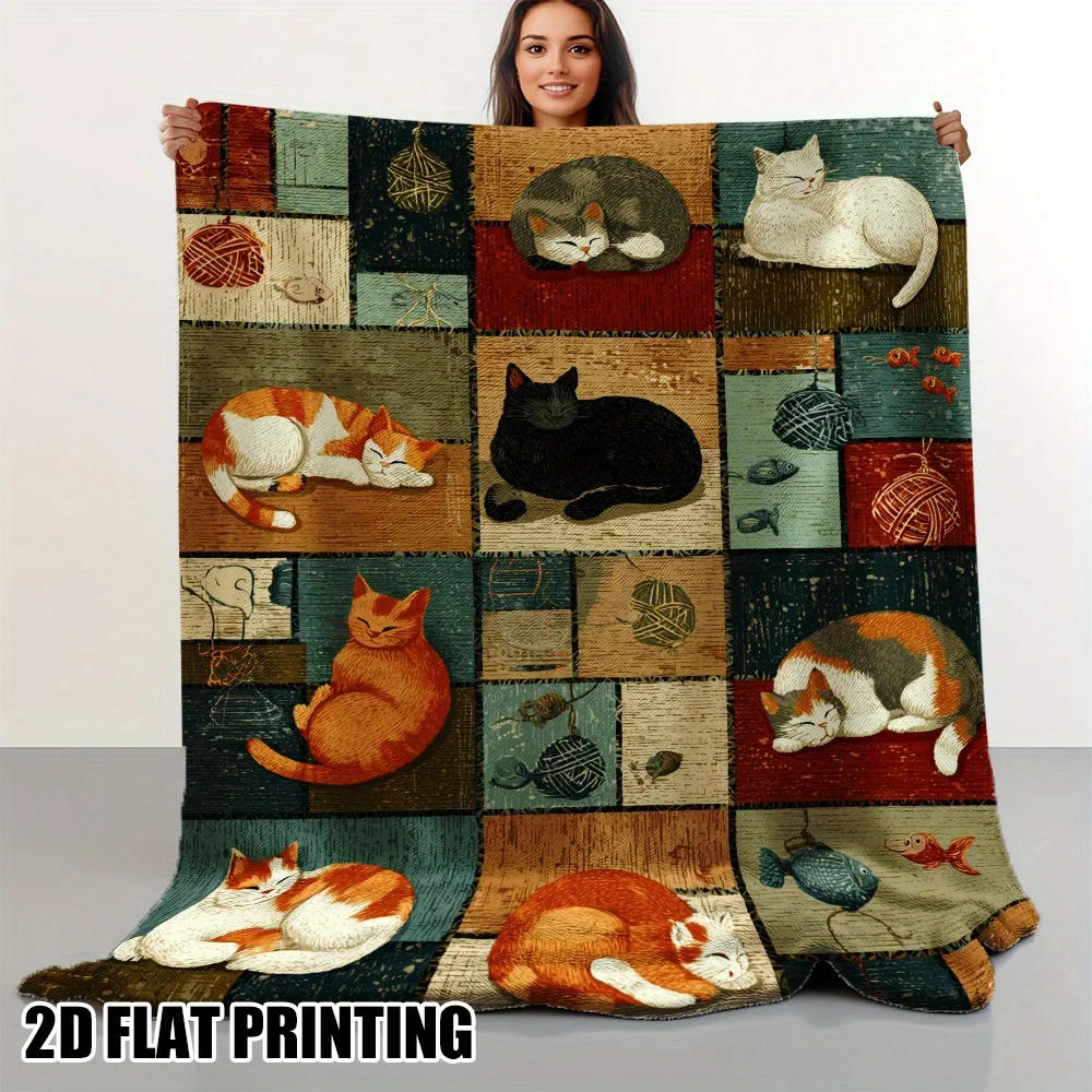 

Роскошное плюшевое фланелевое одеяло в стиле пэчворк с котом и табби — всесезонное мягкое покрывало с разноцветными кошачьими узорами (Tabby/Tortoiseshel)