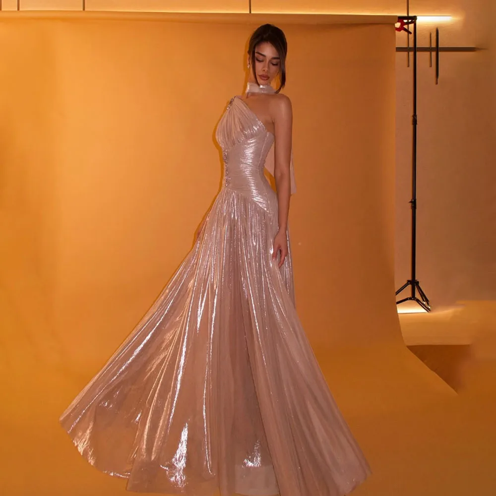 

Customized High Quality Beaded A-line Wrinkle Floor Length One Shoulder Sleeveless Vestidos Para Casamento Convidados Women Pink