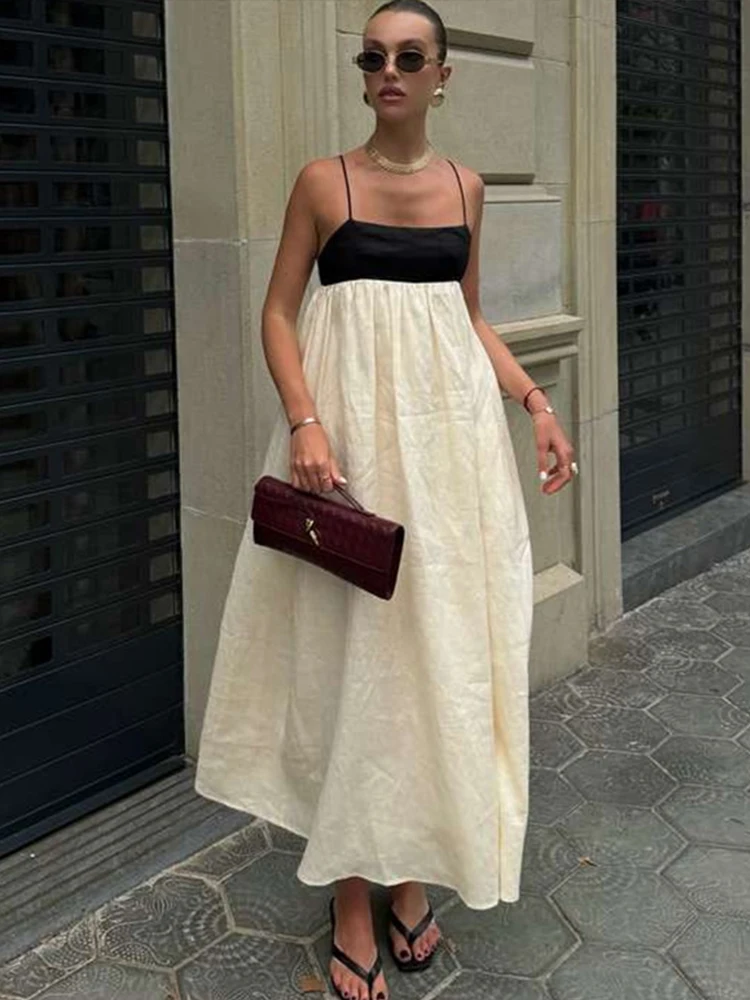 Contrast Sling Dress Women Elegant Backless Patchwork Loose Robe Female 2024 Summer Sleeveless A Line High Waist Dresses Lady