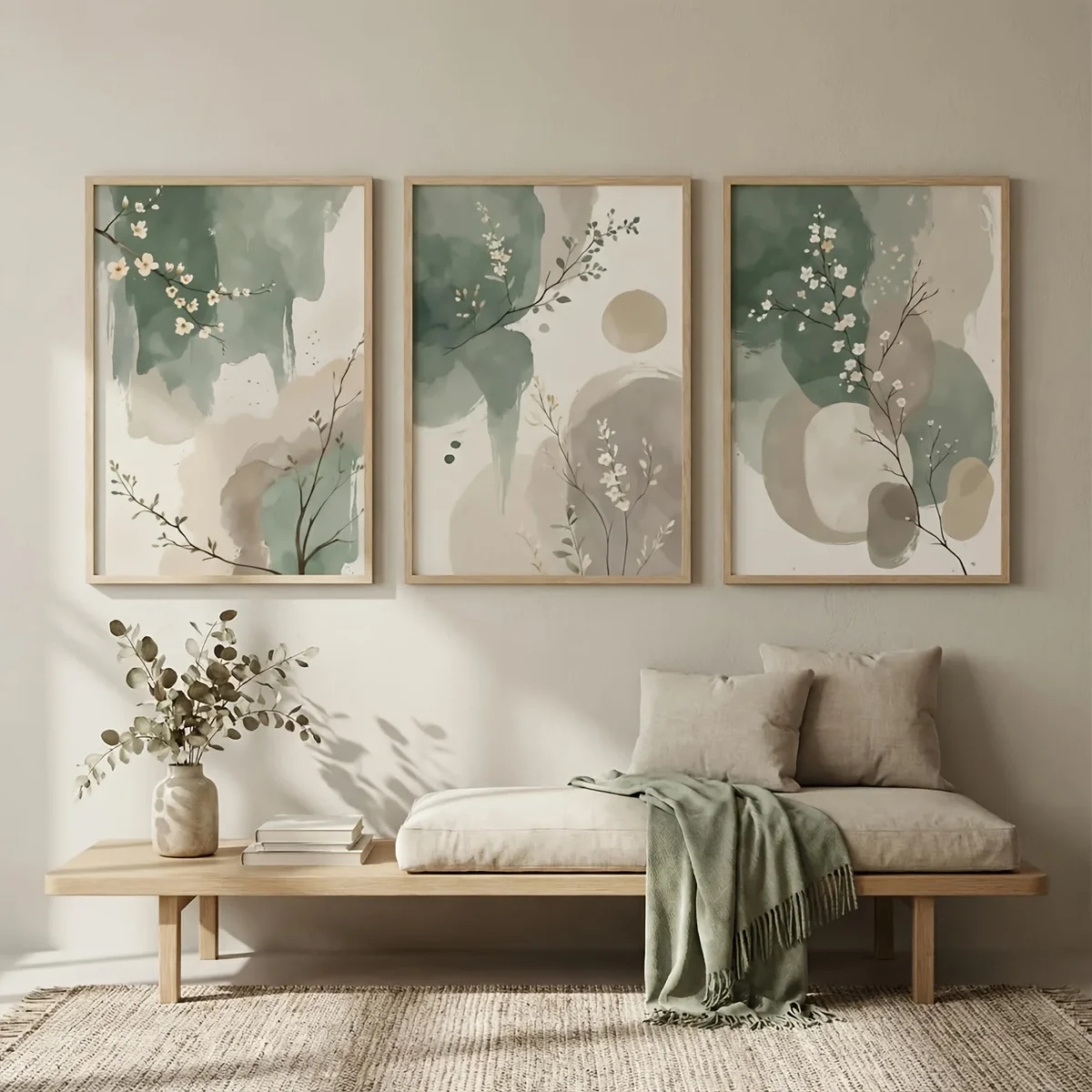 3pcs Japanese-Style Plant Canvas Wall Art Frameless Abstract Watercolor Sage Green & Beige Leaf Canvas Poster for Bedroom Decor