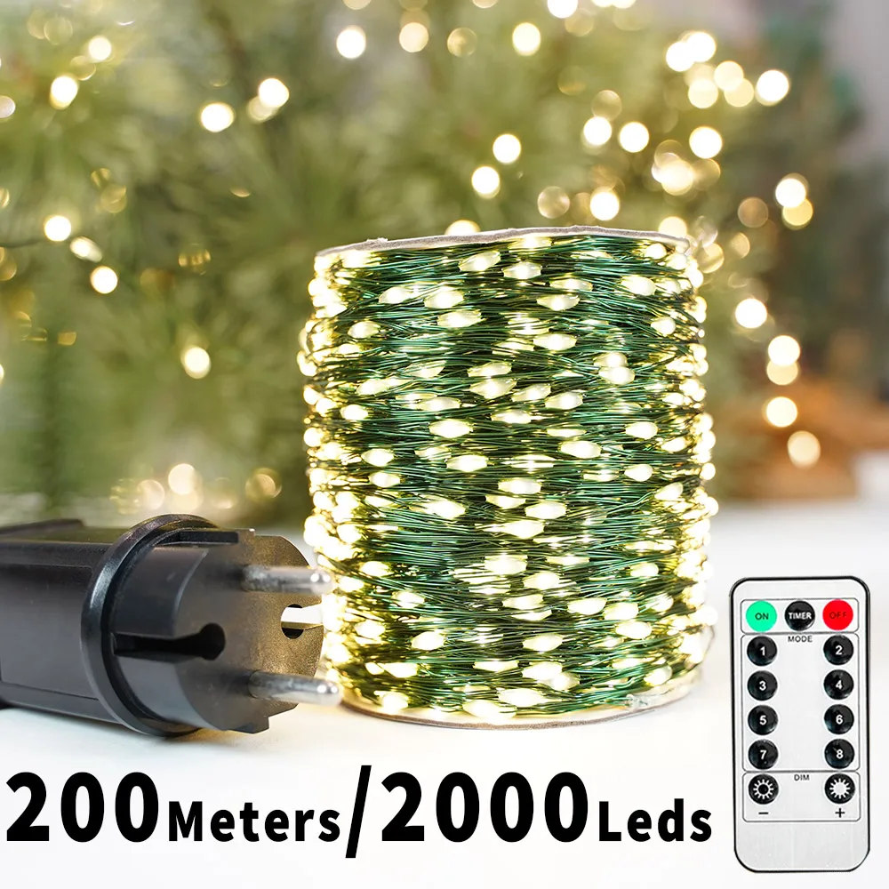 200M 2000 LEDs Waterproof With Remote String Lights Fairy Garland Outdoor Street Lights For Tree Bedroom Party Wedding
