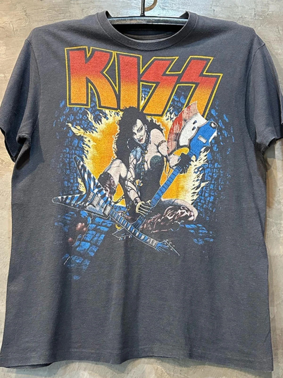 

KISS Band High Street Vintage Vintage Lazy Wind Ruffian Handsome Hip Hop Trend Short Sleeve Men's Cotton Textured Summer T-Shirt