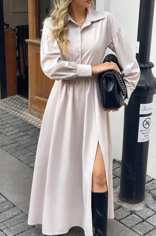 

Women Dress 2026 Spring Slim Fit New Solid Color Lapel Button Front Slit A-Line Long Sleeved Shirt Dress Suitable for Daily Use
