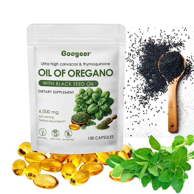 100/500 pastillas de aceite de cápsulas blandas de Oregano 2 en 1 Cápsulas de suplemento de aceite de Oregano de 6000 mg con aceite de semilla negra