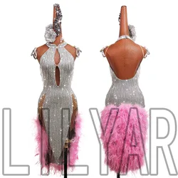 LILYAR's New Latin Dance Performance Competition Art Exam Adult Silver Sparkling Diamond Tube Pink Feather High end Dance Skir