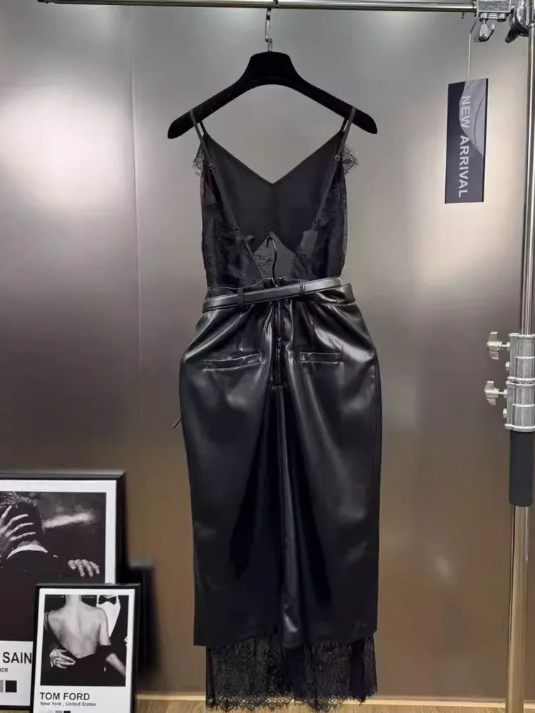 DFDG Damen Frühlingskleid aus schwarzer Spitze, Cami-Leder, Gürtel, hohe Taille, geteilter Saum, elegante Party, Clubwear, 2025, trendiges, feminines Kleid