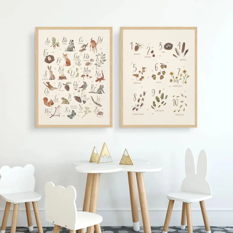 Woodland Animals ABC Alphabet Numbers Nursery Poster Child Educate Print Canvas Painting Wall Art Pictures Kids Room Home Decor