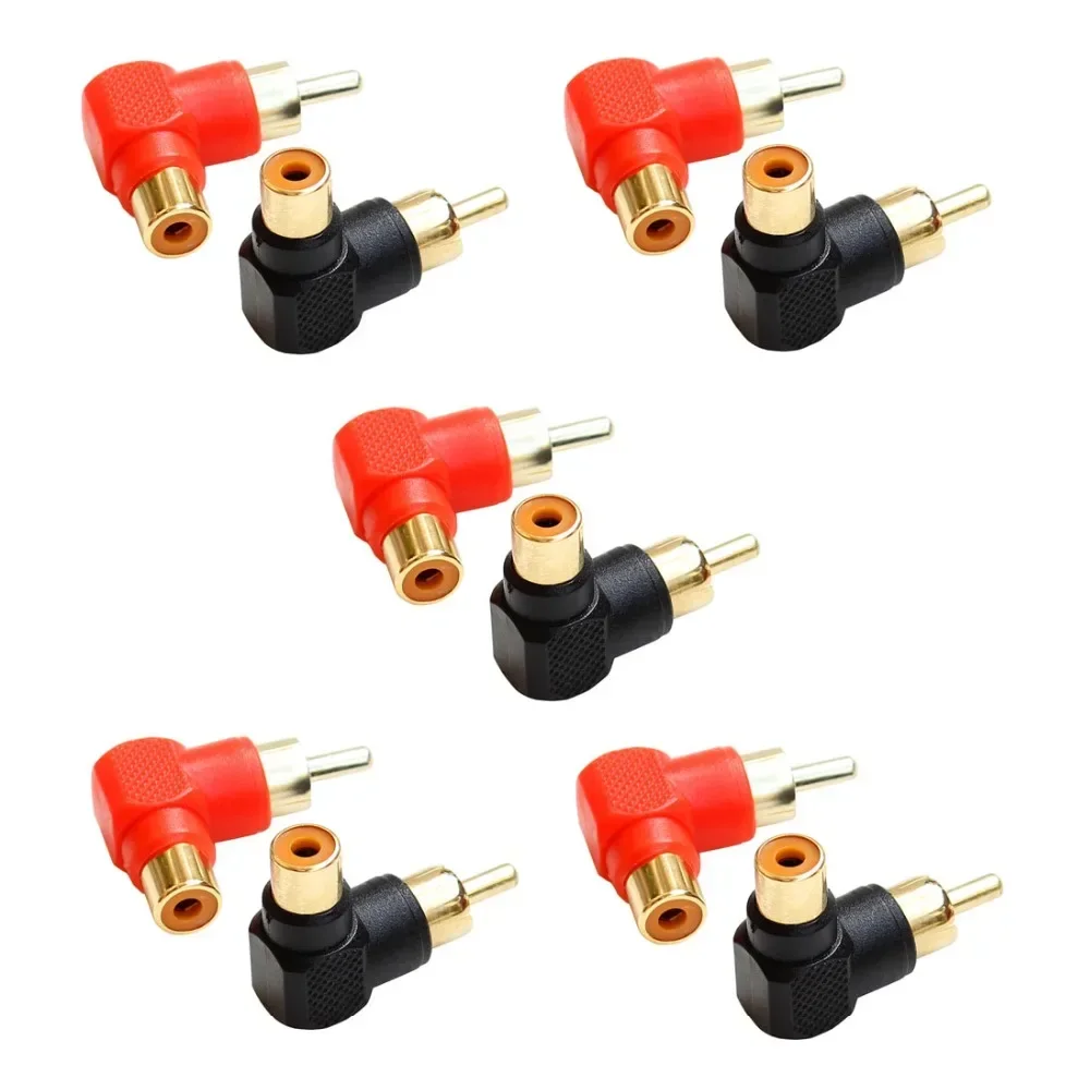 Lot 10pcs Right Angle RCA Male To Female Curved Converter 90 Degrees Gold Plated Socket Cable Connector Adapter 5 Black + 5 Red