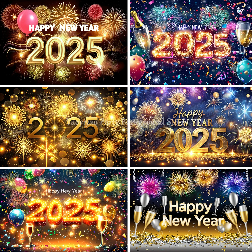 

Happy New Year 2025 Backdrop Glitter Fireworks Clock Champagne New Years Eve Christmas Family Party Photography Background Decor