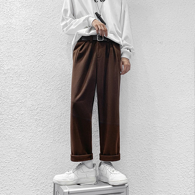 

Retro Tweed Men's Straight Leg Loose Autumn Winter Faion Casual Pants Caramel Color Long Trousers Polyester Fiber Low Waist