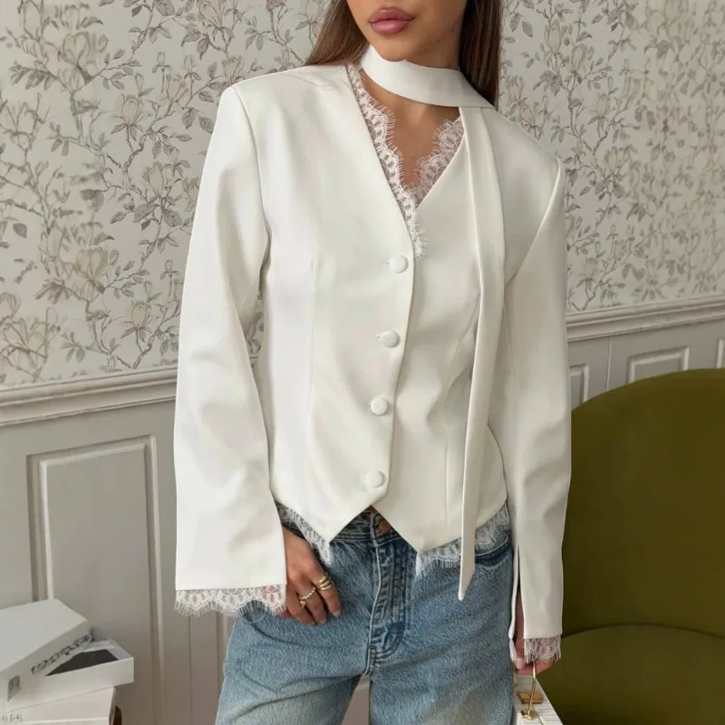 Tsiisd Commute Women's Lace Blazer V Neck Lace-Up Long Sleeve Patchwork Solid Coat Elegant Premium Female Autumn Suit Jacket New