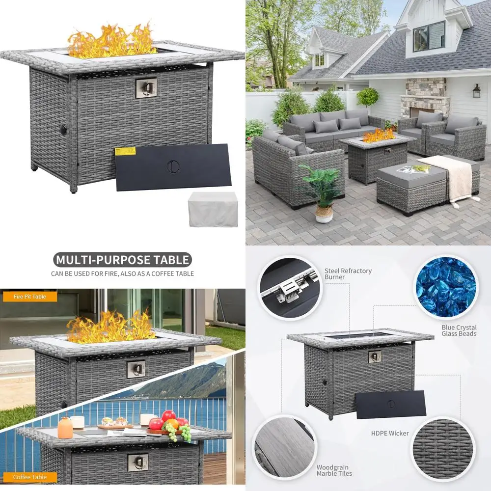 Outdoor 45 Inch Wicker Gas Fire Pit Table with Woodgrain Marble Top and Fire Pit Cover for Patio Use