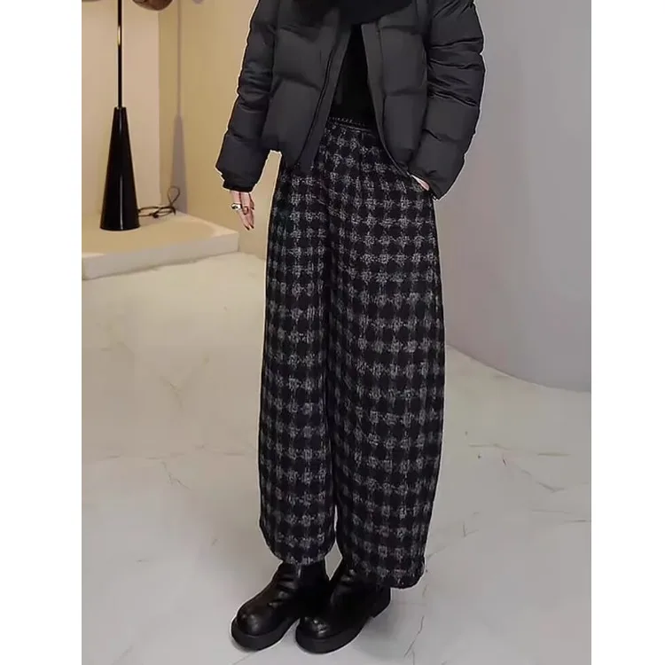 Pantaloni a Gamba Larga da Donna, Casual, a Vita Elastica, Stile Retrò a Quadri, Taglie Forti, Effetto Snellente